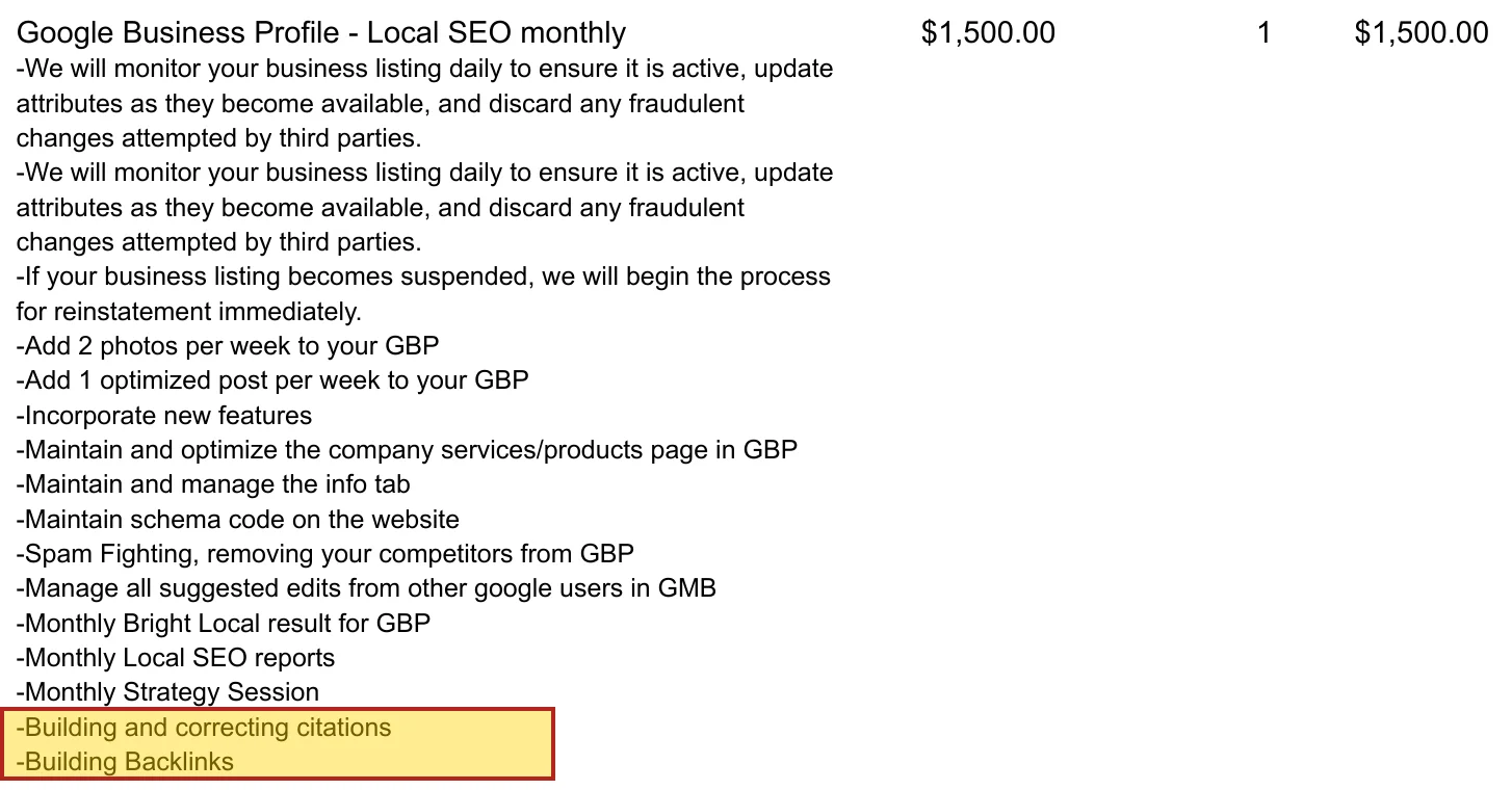 Accelerate Marketing invoice line: Google Business Profile Local SEO monthly, $1,500, including Building and correcting citations and Building Backlinks